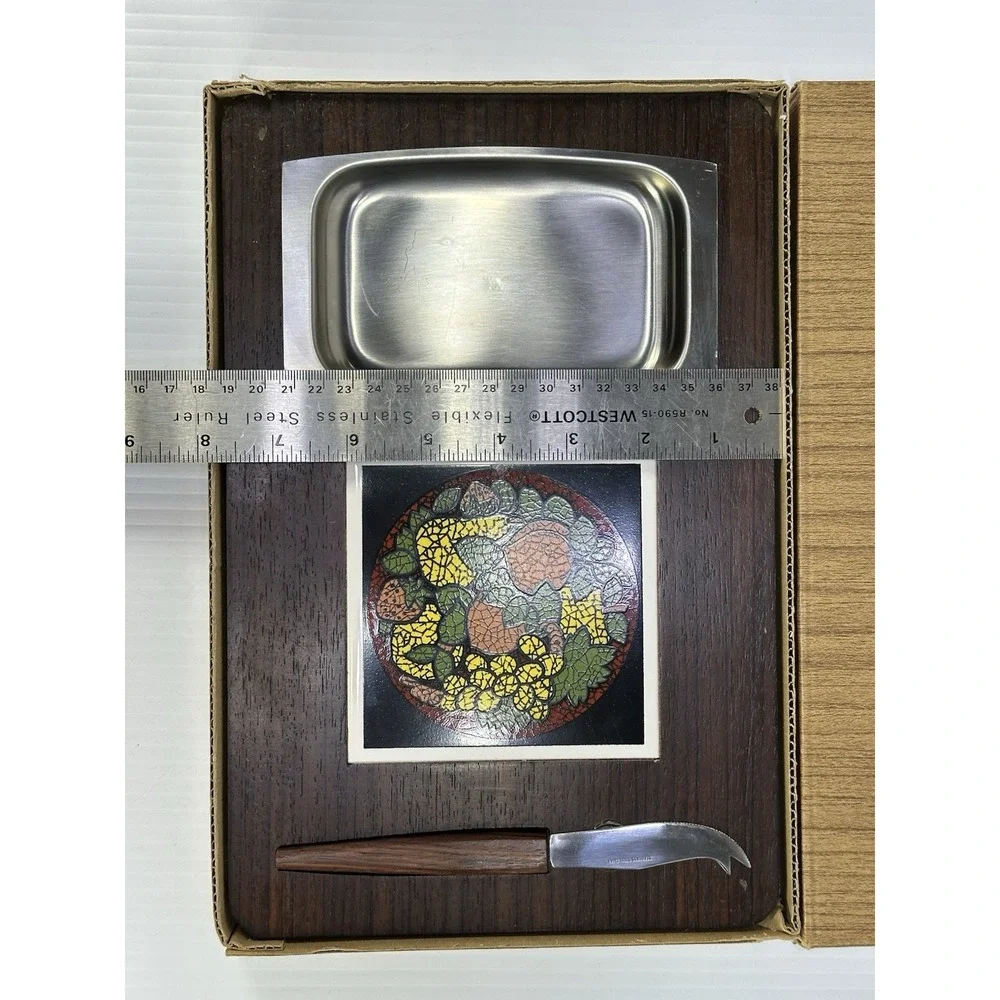 Vintage 1970s Wooden Cheese‎ Board Knife Ceramic Tile Metal Tray Never Used NIB